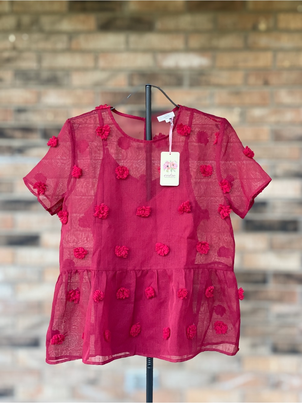 Entro NWT Raspberry 3D Floral Sheer Peplum Blouse Large